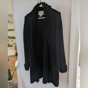 Long Black Fuzzy Cardigan Sweater puffy trim sz Large by Side Effects